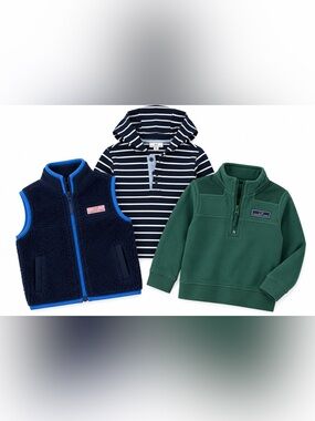 Vineyard Vines Kids Navy Sherpa Vest, Green Pullover & Navy/White Striped Hoodie